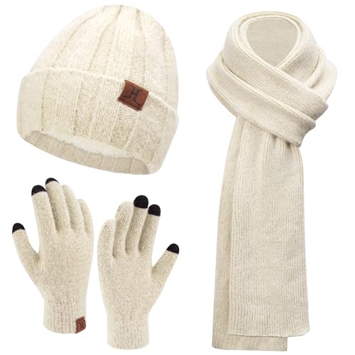 Damen Winter Warm Beanie Mütze Touchscreen Handschuhe und Lang Schal Set mit Fleece Gefütterte, Thermo Wintermütze Strickmütze Schals Winterhandschuhe Strickhandschuhe Frauen Geschenk, Aprikose von Bequemer Laden