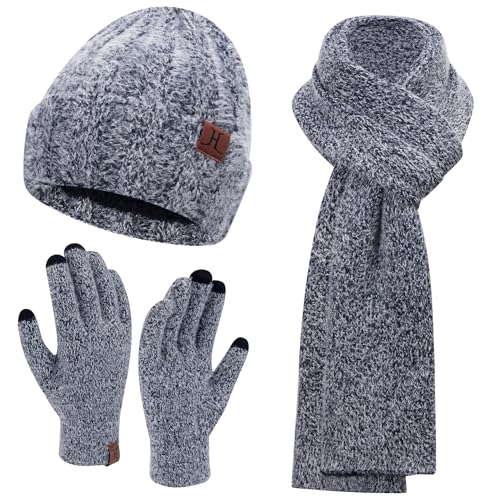 Damen Winter Warm Beanie Mütze Touchscreen Handschuhe und Lang Schal Set mit Fleece Gefütterte, Thermo Wintermütze Strickmütze Schals Winterhandschuhe Strickhandschuhe Frauen Geschenk, Dunkelgrau von Bequemer Laden