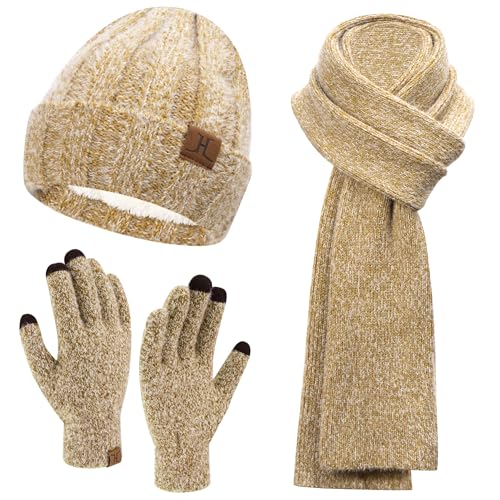 Damen Winter Warm Beanie Mütze Touchscreen Handschuhe und Lang Schal Set mit Fleece Gefütterte, Thermo Wintermütze Strickmütze Schals Winterhandschuhe Strickhandschuhe Frauen Geschenk, Khaki von Bequemer Laden