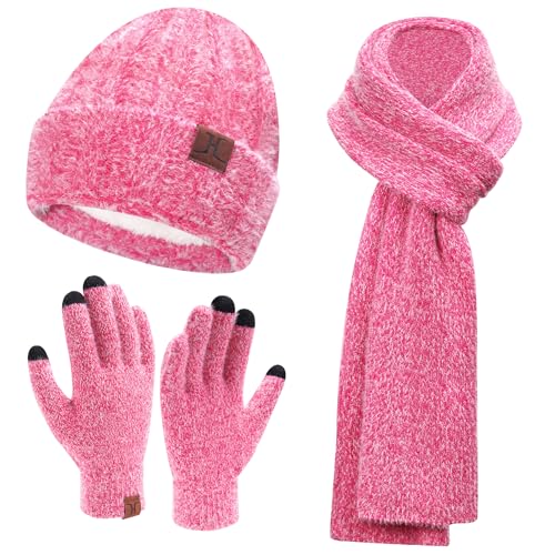 Damen Winter Warm Beanie Mütze Touchscreen Handschuhe und Lang Schal Set mit Fleece Gefütterte, Thermo Wintermütze Strickmütze Schals Winterhandschuhe Strickhandschuhe Frauen Geschenk, Rosa Rot von Bequemer Laden