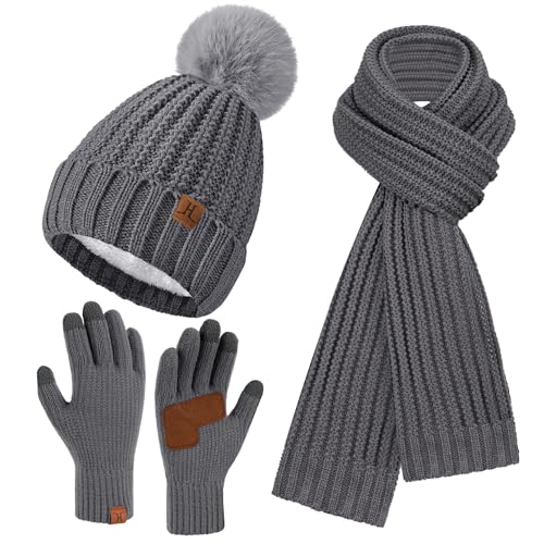 Damen Winter Warm Mütze Lang Schal Touchscreen Handschuhe Set, Wintermütze Beanie Strickmütze mit Bommel Schals Rutschfeste Winterhandschuhe mit Fleece Gefütterte Geschenk Frauen, Dunkelgrau von Bequemer Laden