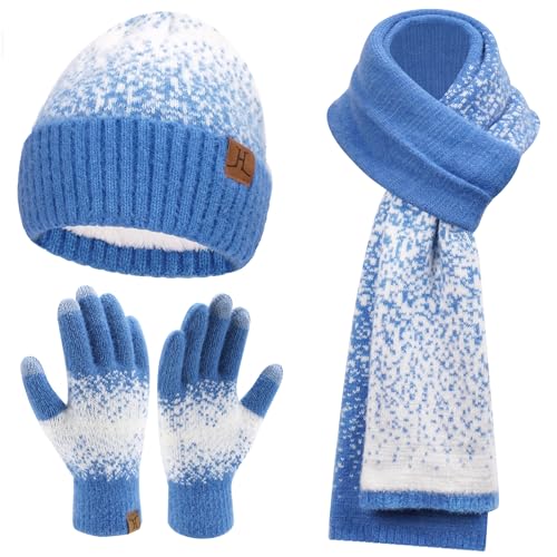 Damen Winter Warm Mütze Touchscreen Handschuhe und Lang Schal Set mit Fleece Gefütterte, Thermo Wintermütze Strickmütze Beanie Winterhandschuhe Strickhandschuhe Schals, Denim Blau Weiß von Bequemer Laden