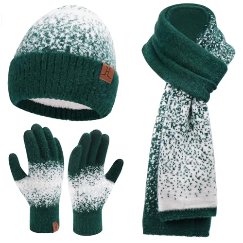 Damen Winter Warm Mütze Touchscreen Handschuhe und Lang Schal Set mit Fleece Gefütterte, Thermo Wintermütze Strickmütze Beanie Winterhandschuhe Strickhandschuhe Schals, Dunkelgrün Weiß von Bequemer Laden