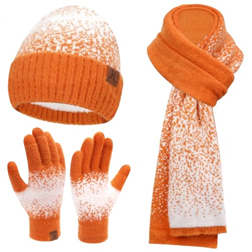 Damen Winter Warm Mütze Touchscreen Handschuhe und Lang Schal Set mit Fleece Gefütterte, Thermo Wintermütze Strickmütze Beanie Winterhandschuhe Strickhandschuhe Schals, Orange Weiß von Bequemer Laden