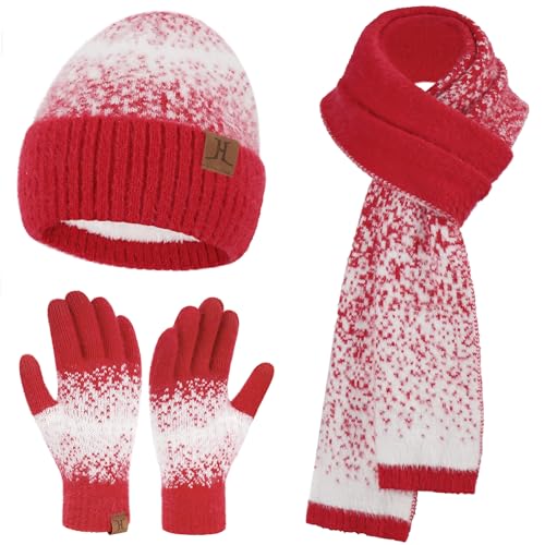 Damen Winter Warm Mütze Touchscreen Handschuhe und Lang Schal Set mit Fleece Gefütterte, Thermo Wintermütze Strickmütze Beanie Winterhandschuhe Strickhandschuhe Schals,Rot Weiß von Bequemer Laden