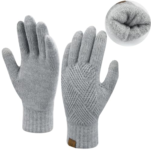 Damen Winter Warm Touchscreen Handschuhe Thermo Gestrickte Winterhandschuhe Doppellagige Strickhandschuhe mit Fleece Gefütterte Frauen Geschenk, Hellgrau von Bequemer Laden