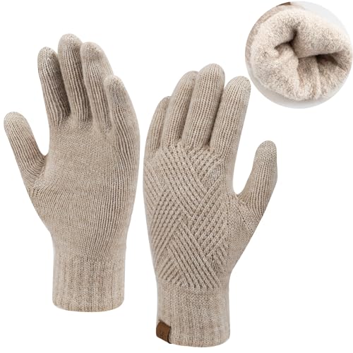 Damen Winter Warm Touchscreen Handschuhe Thermo Gestrickte Winterhandschuhe Doppellagige Strickhandschuhe mit Fleece Gefütterte Frauen Geschenk, Khaki von Bequemer Laden