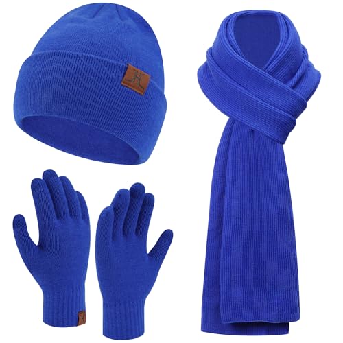 Herren Damen Winter Warm Beanie Mütze Lang Schal Touchscreen Handschuhe Set, Gerippte Strickmütze Wintermütze Schals Winterhandschuhe Geschenk Männer Weihnachten, Blau von Bequemer Laden