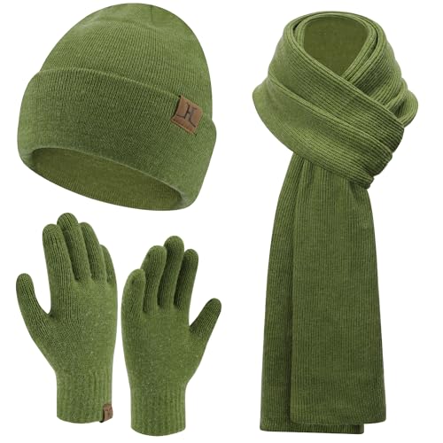 Herren Damen Winter Warm Beanie Mütze Lang Schal Touchscreen Handschuhe Set, Gerippte Strickmütze Wintermütze Schals Winterhandschuhe Geschenk Männer Weihnachten, Olivgrün von Bequemer Laden
