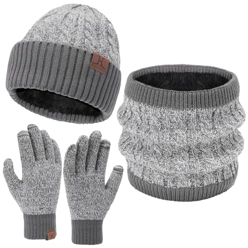 Bequemer Laden Herren Damen Winter Warm Beanie Mütze Touchscreen Handschuhe Loop Schal Set mit Fleece Gefüttert, Strickmütze Wintermütze Schlauchschal Winterhandschuhe, Y Grau Weiß von Bequemer Laden