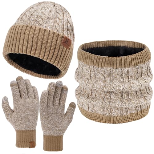 Bequemer Laden Herren Damen Winter Warm Beanie Mütze Touchscreen Handschuhe Loop Schal Set mit Fleece Gefüttert, Strickmütze Wintermütze Schlauchschal Winterhandschuhe, Y Khaki Weiß von Bequemer Laden