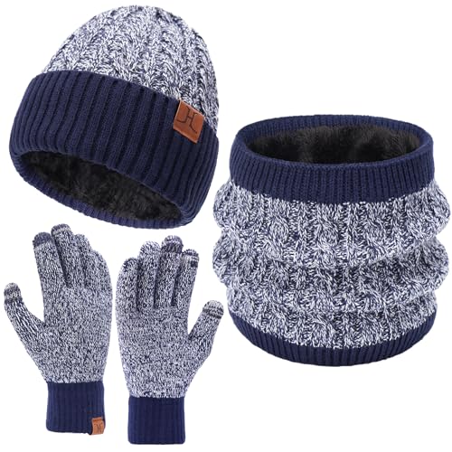 Bequemer Laden Herren Damen Winter Warm Beanie Mütze Touchscreen Handschuhe Loop Schal Set mit Fleece Gefüttert, Strickmütze Wintermütze Schlauchschal Winterhandschuhe, Y Marineblau Weiß von Bequemer Laden