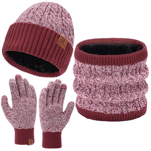 Bequemer Laden Herren Damen Winter Warm Beanie Mütze Touchscreen Handschuhe Loop Schal Set mit Fleece Gefüttert, Strickmütze Wintermütze Schlauchschal Winterhandschuhe, Y Rot Weiß von Bequemer Laden