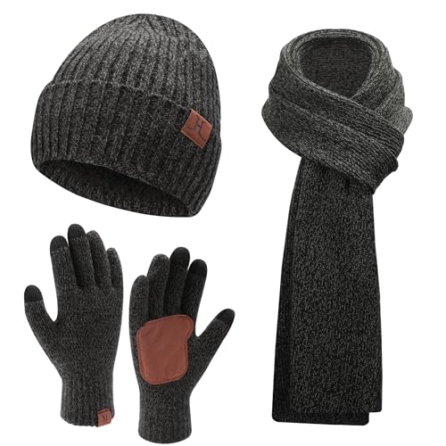 Herren Winter Warm Beanie Mütze Lange Schal und Touchscreen Handschuhe Set mit Fleece Gefüttert Wintermütze Strickmütze rutschfeste Winterhandschuhe Schals Geschenk für Männer, A Dunkelgrau von Bequemer Laden