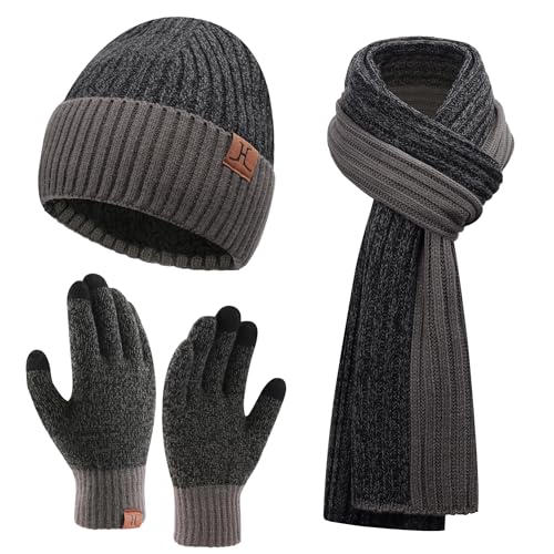 Herren Winter Warm Beanie Mütze Lange Schal und Touchscreen Handschuhe Set mit Fleece Gefüttert Wintermütze Strickmütze rutschfeste Winterhandschuhe Schals Geschenk für Männer, Dunkelgrau von Bequemer Laden