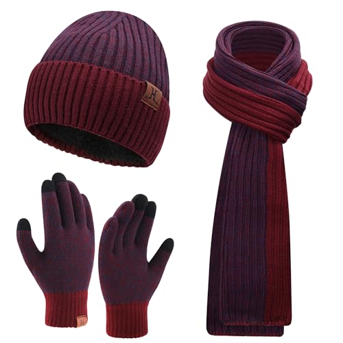 Herren Winter Warm Beanie Mütze Lange Schal und Touchscreen Handschuhe Set mit Fleece Gefüttert Wintermütze Strickmütze rutschfeste Winterhandschuhe Schals Geschenk für Männer, Weinrot von Bequemer Laden