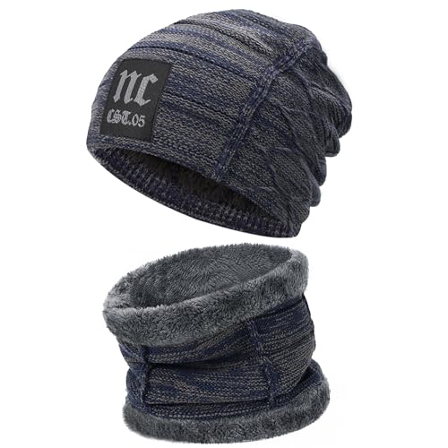 Herren Winter Warm Beanie Mütze Loop Schal Set Thermo Wintermütze Strickmütze Schlauchschal Halswärmer mit Fleece Gefütterte Geschenk Männer Weihnachten, Z Dunkelblau, Einheitsgröße von Bequemer Laden