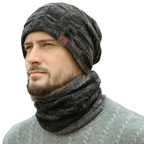 Herren Winter Warm Beanie Mütze und Loop Schal Set mit Fleece Gefütterte Thermo Wintermütze Strickmütze Mützen Schlauchschal Schals Geschenk Männer, Einheitsgröße, A Schwarz von Bequemer Laden