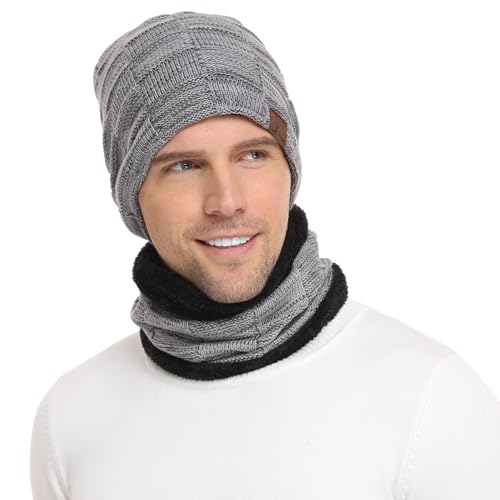 Herren Winter Warm Beanie Mütze und Loop Schal Set mit Fleece Gefütterte Thermo Wintermütze Strickmütze Mützen Schlauchschal Schals Geschenk Männer, Einheitsgröße, Grau von Bequemer Laden