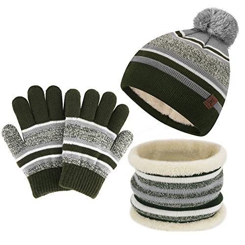 Kinder Jungen Mädchen Beanie Mütze Schal und Handschuhe Set mit Fleece Gefütterte für 2-7 Jahre, Kleinkinder Wintermütze mit Bommel Schlauchschal Winterhandschuhe Set, Einheitsgröße, Armeegrün von Bequemer Laden