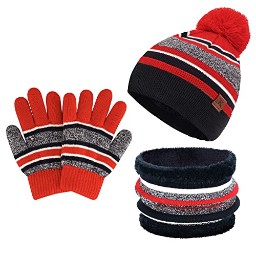 Kinder Jungen Mädchen Beanie Mütze Schal und Handschuhe Set mit Fleece Gefütterte für 2-7 Jahre, Kleinkinder Wintermütze mit Bommel Schlauchschal Winterhandschuhe Set, Einheitsgröße, Rot von Bequemer Laden