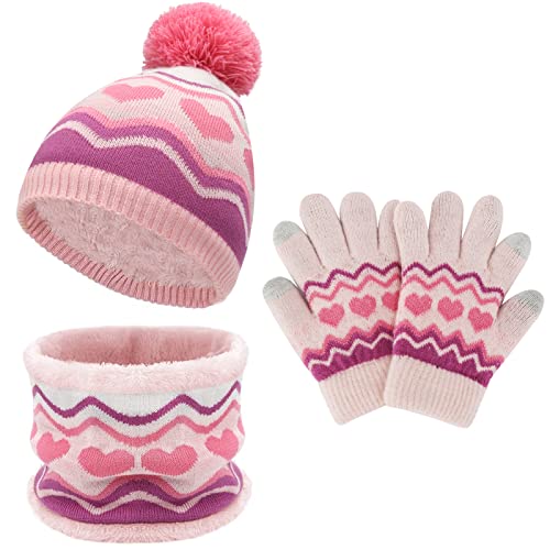 Bequemer Laden Kinder Mädchen Jungen Winter Warm Pompom Beanie Mütze Schal und Touchscreen Handschuhe Set mit Fleece Gefüttert für 2-7 Jahre Alt Kleinkinder, Einheitsgröße, Y-Rosa von Bequemer Laden