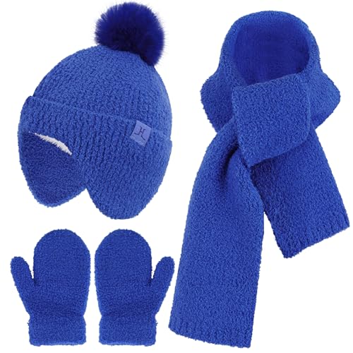 Kinder Winter Bommel Beanie Mütze Handschuhe Schal Set, Warm Baby Wintermütze Strickmütze mit Ohren Fäustlinge Schals für 0 6 12 18 Monate 1 2 3 4 Jahre Alte Mädchen Jungen Geschenke, Königsblau von Bequemer Laden