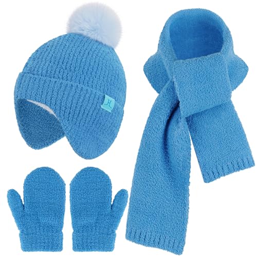 Kinder Winter Bommel Beanie Mütze Handschuhe Schal Set, Warm Baby Wintermütze Strickmütze mit Ohren Fäustlinge Schals für 0 6 12 18 Monate 1 2 3 4 Jahre Alte Mädchen Jungen Geschenke, Blau von Bequemer Laden