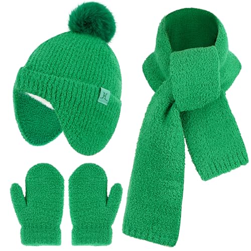 Kinder Winter Bommel Beanie Mütze Handschuhe Schal Set, Warm Baby Wintermütze Strickmütze mit Ohren Fäustlinge Schals für 0 6 12 18 Monate 1 2 3 4 Jahre Alte Mädchen Jungen Geschenke, Grün von Bequemer Laden