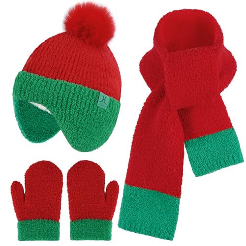 Kinder Winter Bommel Beanie Mütze Handschuhe Schal Set, Warm Baby Wintermütze Strickmütze mit Ohren Fäustlinge Schals für 0 6 12 18 Monate 1 2 3 4 Jahre Alte Mädchen Jungen Geschenke, Rot & Grün von Bequemer Laden