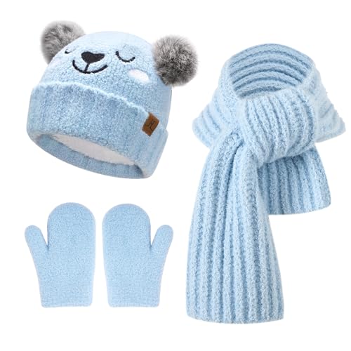 Kinder Winter Mütze Lang Schal Handschuhe Set Pompom Wintermütze Strickmütze Beanie Schals Fäustlinge für 0 6 12 18 Monate Baby Kleinkinder 1 2 3 4 Jahre Mädchen Jungen, Blau von Bequemer Laden