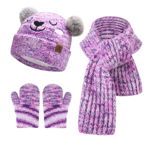 Kinder Winter Mütze Lang Schal Handschuhe Set Pompom Wintermütze Strickmütze Beanie Schals Fäustlinge für 0 6 12 18 Monate Baby Kleinkinder 1 2 3 4 Jahre Mädchen Jungen, Gebatikt Lila von Bequemer Laden