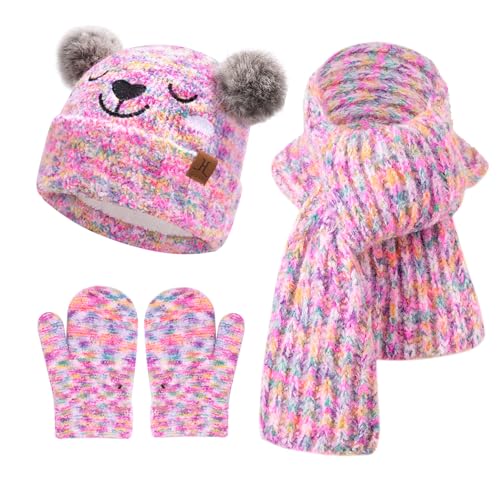Kinder Winter Mütze Lang Schal Handschuhe Set Pompom Wintermütze Strickmütze Beanie Schals Fäustlinge für 0 6 12 18 Monate Baby Kleinkinder 1 2 3 4 Jahre Mädchen Jungen, Gebatikt Rosa von Bequemer Laden