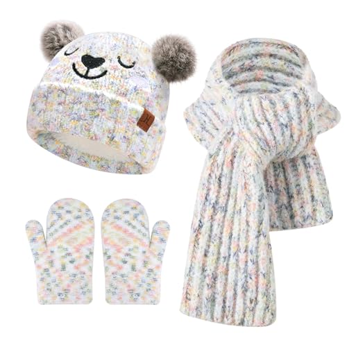 Kinder Winter Mütze Lang Schal Handschuhe Set Pompom Wintermütze Strickmütze Beanie Schals Fäustlinge für 0 6 12 18 Monate Baby Kleinkinder 1 2 3 4 Jahre Mädchen Jungen, Gebatikt Weiß von Bequemer Laden