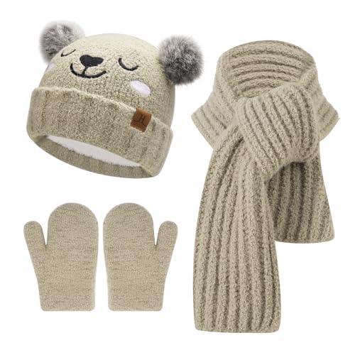 Kinder Winter Mütze Lang Schal Handschuhe Set Pompom Wintermütze Strickmütze Beanie Schals Fäustlinge für 0 6 12 18 Monate Baby Kleinkinder 1 2 3 4 Jahre Mädchen Jungen, Khaki von Bequemer Laden