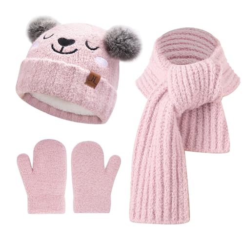 Kinder Winter Mütze Lang Schal Handschuhe Set Pompom Wintermütze Strickmütze Beanie Schals Fäustlinge für 0 6 12 18 Monate Baby Kleinkinder 1 2 3 4 Jahre Mädchen Jungen, Rosa von Bequemer Laden