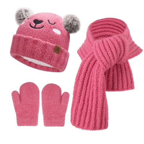 Kinder Winter Mütze Lang Schal Handschuhe Set Pompom Wintermütze Strickmütze Beanie Schals Fäustlinge für 0 6 12 18 Monate Baby Kleinkinder 1 2 3 4 Jahre Mädchen Jungen, Rosenrot von Bequemer Laden