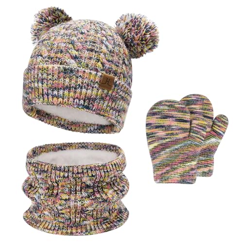 Kinder Winter Mütze Loop Schal Handschuhe Set, Pompom Wintermütze Strickmütze Schlauchschal Fäustlinge für 0 6 12 18 Monate Baby Kleinkinder 0-4 Jahre Mädchen Jungen, Gelb von Bequemer Laden