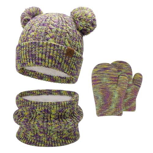 Kinder Winter Mütze Loop Schal Handschuhe Set, Pompom Wintermütze Strickmütze Schlauchschal Fäustlinge für 0 6 12 18 Monate Baby Kleinkinder 0-4 Jahre Mädchen Jungen, Lila von Bequemer Laden