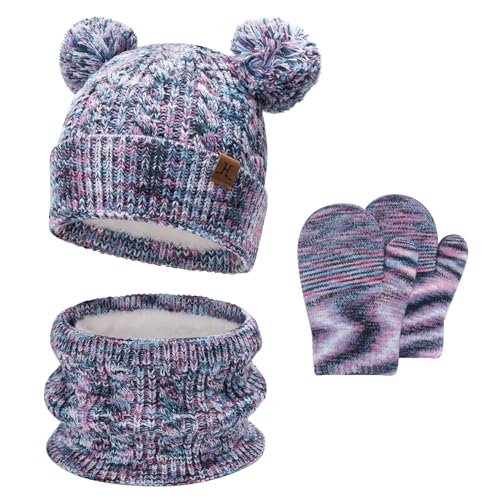 Kinder Winter Mütze Loop Schal Handschuhe Set, Pompom Wintermütze Strickmütze Schlauchschal Fäustlinge für 0 6 12 18 Monate Baby Kleinkinder 0-4 Jahre Mädchen Jungen, Rosa von Bequemer Laden