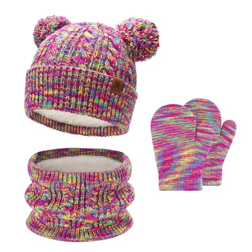 Kinder Winter Mütze Loop Schal Handschuhe Set, Pompom Wintermütze Strickmütze Schlauchschal Fäustlinge für 0 6 12 18 Monate Baby Kleinkinder 0-4 Jahre Mädchen Jungen, Rosenrot von Bequemer Laden