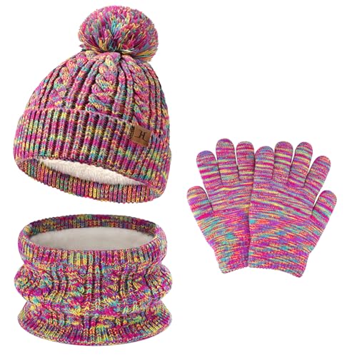Kinder Winter Warm Beanie Mütze Handschuhe Loop Schal Set Wintermütze Strickmütze Schlauchschal Winterhandschuhe für 5-8 Jahre Mädchen Jungen, Rosenrot von Bequemer Laden
