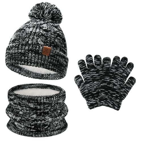 Kinder Winter Warm Beanie Mütze Handschuhe Loop Schal Set Wintermütze Strickmütze Schlauchschal Winterhandschuhe für 5-8 Jahre Mädchen Jungen, Schwarz Weiß von Bequemer Laden