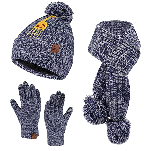 Kinder Winter Warm Beanie Mütze Lange Schal und Touchscreen Handschuhe Set mit Fleece Gefütterte, Bommel Wintermütze Schal Winterhandschuhe für 5-10 Jahre Jungen Mädchen, Marinegrau von Bequemer Laden