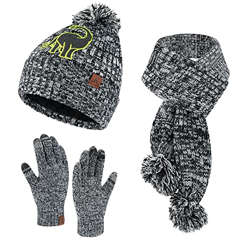 Kinder Winter Warm Beanie Mütze Lange Schal und Touchscreen Handschuhe Set mit Fleece Gefütterte, Bommel Wintermütze Schal Winterhandschuhe für 5-10 Jahre Jungen Mädchen, Schwarz Weiß von Bequemer Laden