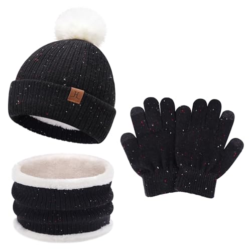 Kinder Winter Warm Beanie Mütze Loop Schal und Touchscreen Handschuhe Set, Pompom Wintermütze Strickmütze Winterhandschuhe Schlauchschal mit Fleece Gefütterte für 5–8 Jahre Mädchen Jungen, Schwarz von Bequemer Laden