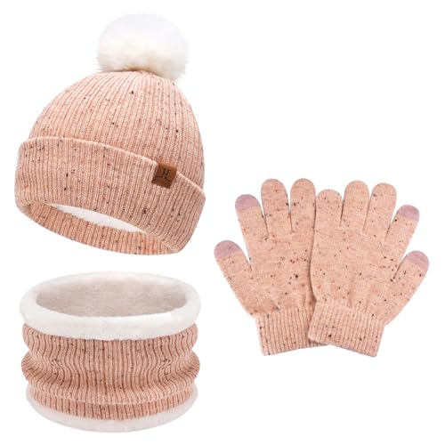 Kinder Winter Warm Beanie Mütze Loop Schal und Touchscreen Handschuhe Set, Pompom Wintermütze Strickmütze Winterhandschuhe Schlauchschal mit Fleece Gefütterte für 5–8 Jahre Mädchen Jungen, Rosa von Bequemer Laden