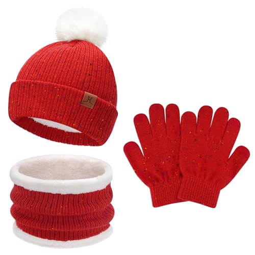 Kinder Winter Warm Beanie Mütze Loop Schal und Touchscreen Handschuhe Set, Pompom Wintermütze Strickmütze Winterhandschuhe Schlauchschal mit Fleece Gefütterte für 5–8 Jahre Mädchen Jungen, Rot von Bequemer Laden