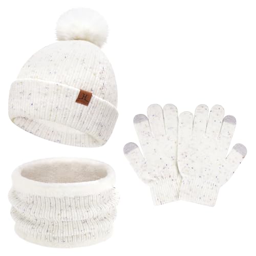 Kinder Winter Warm Beanie Mütze Loop Schal und Touchscreen Handschuhe Set, Pompom Wintermütze Strickmütze Winterhandschuhe Schlauchschal mit Fleece Gefütterte für 5–8 Jahre Mädchen Jungen, Weiß von Bequemer Laden