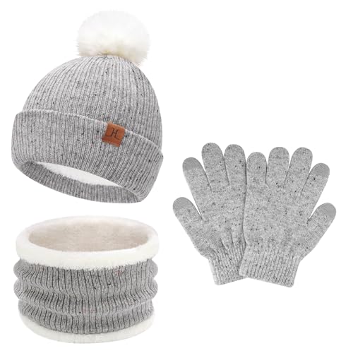 Kinder Winter Warm Beanie Mütze Loop Schal und Touchscreen Handschuhe Set, Pompom Wintermütze Strickmütze Winterhandschuhe Schlauchschal mit Fleece Gefütterte für 5–8 Jahre Mädchen Jungen, Grau von Bequemer Laden